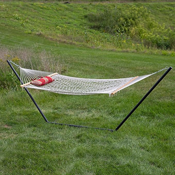 Sunnydaze Rope Hammock with Stand for Outside- 275-Pound Capacity - Includes 12-Foot Hammock Stand Spreader Bar Pad and Pillow - Green Stripe