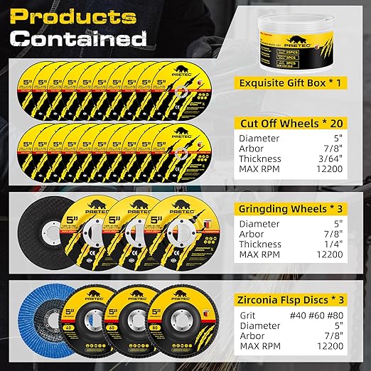 Grinding Cutting Wheels 5 inch Set - PRETEC 5 20 Cut Off Wheels 3 Grinding Wheels and 3 Flap Discs for Angle Grinder Cutting and Grinding 5” x 3/64 x 7/8 20+3+3 PCS Brown