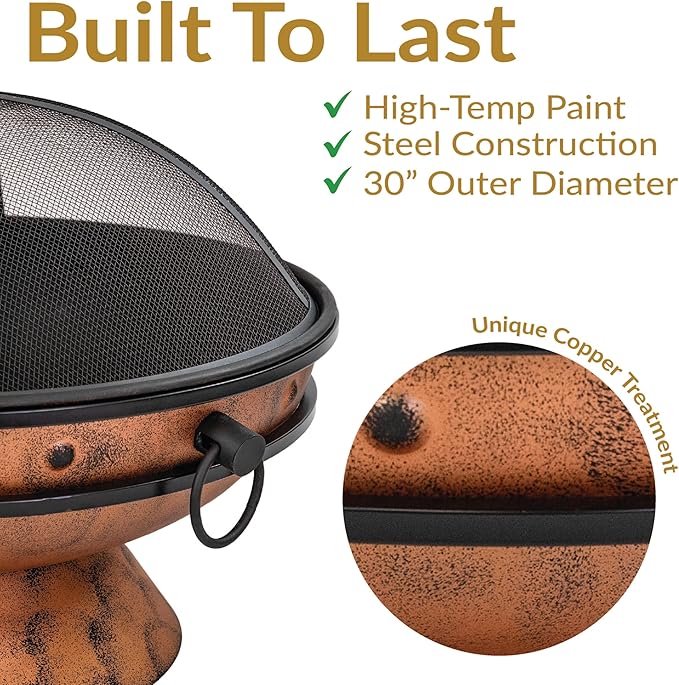 Sunnydaze 30-Inch Large Outdoor Fire Pit - Wood Burning Fire Pit for Outside with Poker and Screen - Copper Finish - Royal Cauldron