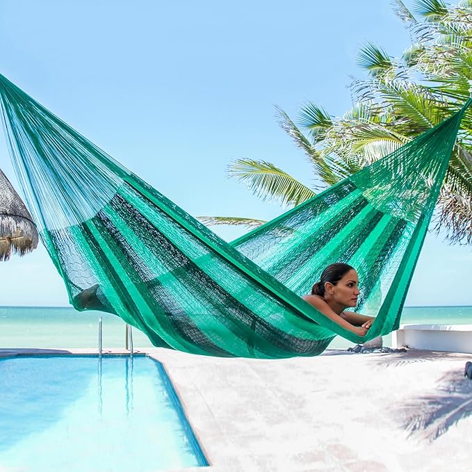 NOVICA Multicolor Green Striped Hand Woven Nylon Mayan 1 Person Rope Hammock 'Caribbean Dream' (Single)