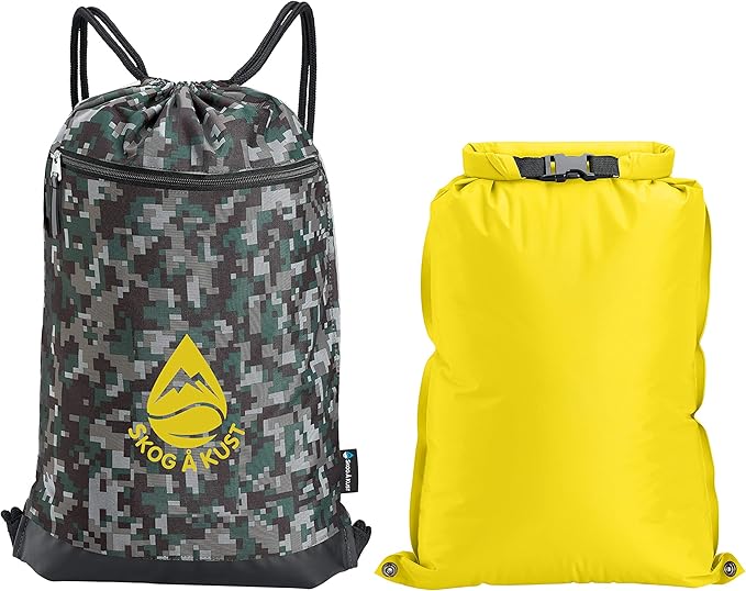 Skog Å Kust GymSak | Patented 2-in-1 Drawstring Cinch Bag with Removable Waterproof Dry Bag | Camo &amp Yellow