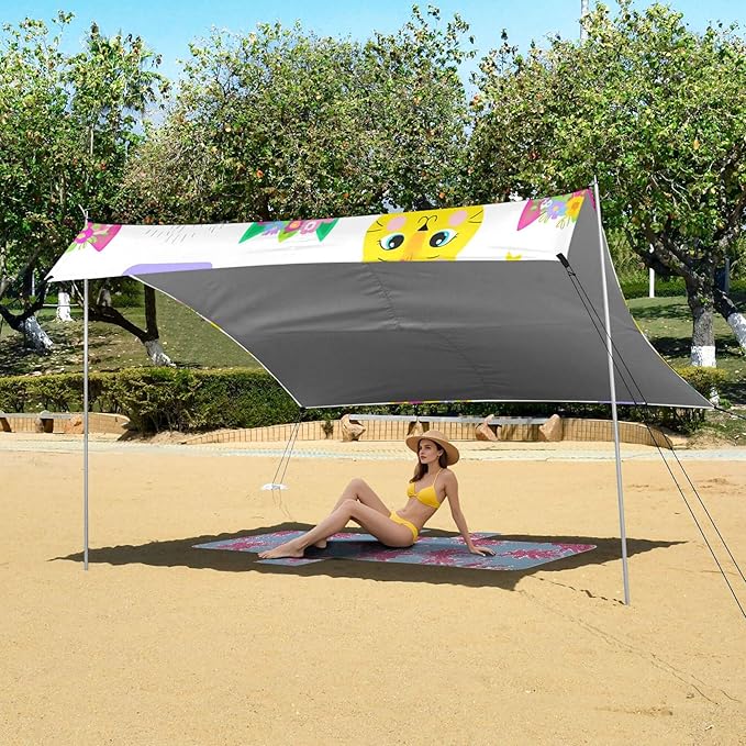 Cat Beach Canopy Sun Shelter with Sandbags &amp Sand Shovel &amp Windproof Ropes - Portable 110x126 Beach Shade Beach Tent for Camping Picnics