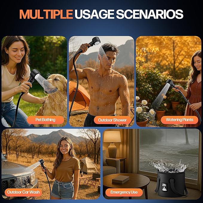 Mytrix Portable Camping Shower Pump with Foldable Bucket 10L/Min High Flow 7800mAh Rechargeable Battery 4 Spray Modes IPX8 Waterproof Outdoor Shower for Hiking Travel &amp Pets