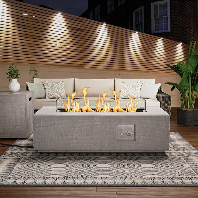 SUNPEAK 42 Rectangular Propane Fire Pit table 50000 BTU Fireplace Table with Wind Guard Glass Lid Rocks and Cover Outdoor Fire Pit for Deck or Patio Fogata para Patio (Light Grey 42 Standard)