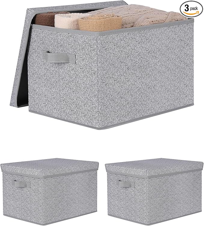 WUIKE Foldable Storage Bins with Lids Storage Boxes with Handles Closet Shelf Organizer Fabric Storage Baskets with Cover for Bedroom 3-Pack Ash Gray Extra Large
