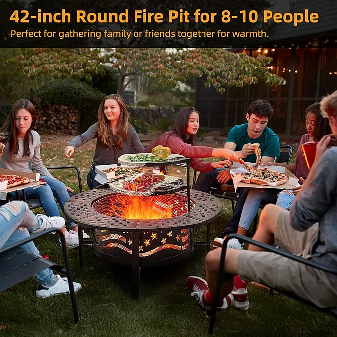 PrimeZone 42 Outdoor Fire Pit with 2 Grills - Wood Burning Firepit for Outside with Cover &amp Poker Heavy Duty Metal Fire Pit Large Round Fireplace for Patio Backyard Picnic Camping Bonfire