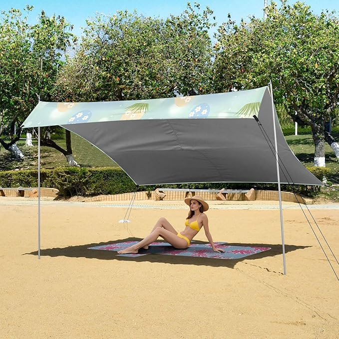 Easter Egg Beach Canopy Sun Shelter with Sandbags &amp Sand Shovel &amp Windproof Ropes - Portable 110x126 Beach Shade Beach Tent for Camping Picnics