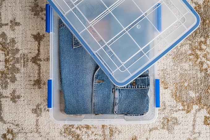 IRIS USA WeatherPro 27 Qt Storage Bins with Lids 3 Pack BPA-Free Plastic Gasket Box with Tight Latch and Seal Stackable Nestable Tote Tub - Clear/Blue
