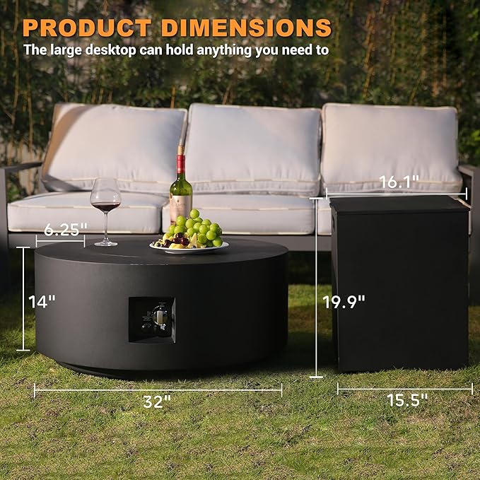 3-Piece Outdoor Fire Pit Table 32 Inch Propane Fire Table 65000 BTU Black Round Gas Firepit Baking Sheet Wind Guard and 16 inches Tank Side Table for Deck Backyard and Pool Black