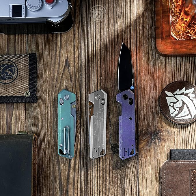 Vosteed Parallel Ultra Thin Folding Pocket Knife - 2.90 S35VN Black Stonewash Blade Reverse Tanto - Crossbar Lock Purple Titanium Handle - Hiking Camping Knives - A3518