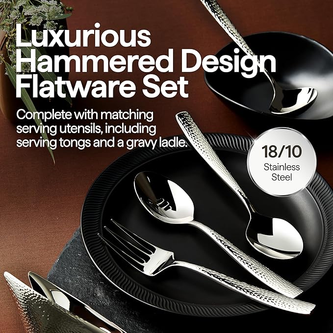 Luciella Ponza Flatware Set for 12 65-Piece Stainless Steel Silverware Set with Serving Utensils Timeless Hammered Design Rust-Resistant Mirror Polished &amp Dishwasher Safe Mothers Day Gifts