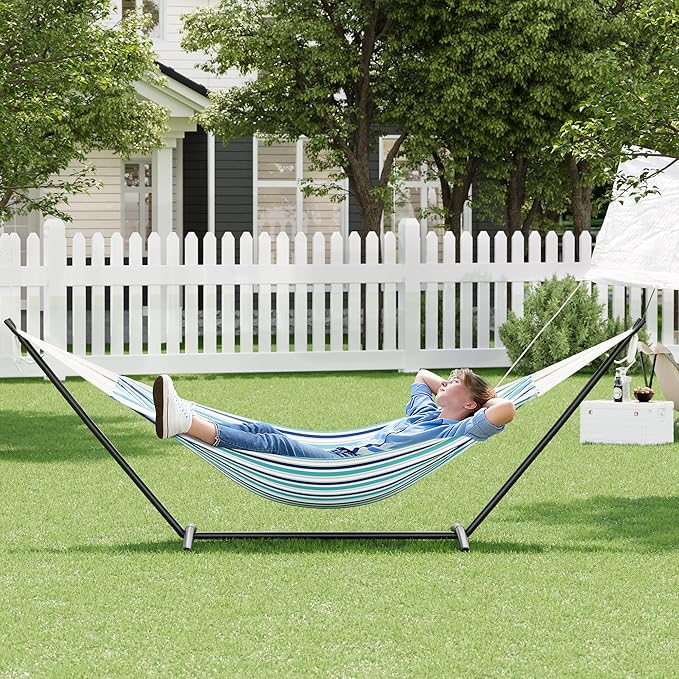 GAOMON Double Hammock with Steel Stand for Outside Portable Space Saving for Indoor Outdoor Patio w/Carrying Bag 450 lbs Capacity - Ocean Stripes