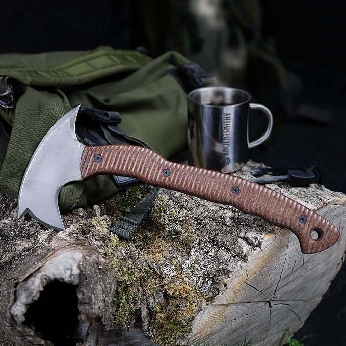 AncientSmithy Tactical Tomahawk Axe with Sheath Handmade Camping Hatchet for Survival (14.17 Three Spikes Hawk with Composite Handle)