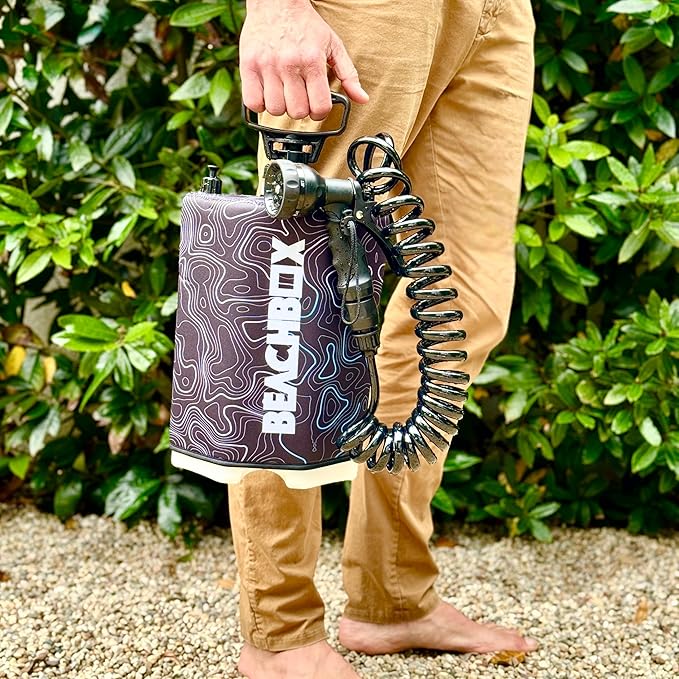 BeachBox Portable Shower Tank – Insulated Hot &amp Cold Water Tank for Camping Beach &amp Outdoor Adventures – 1.3 Gal Capacity – Multi-Spray Shower Gun – Easy Fill &amp Carry