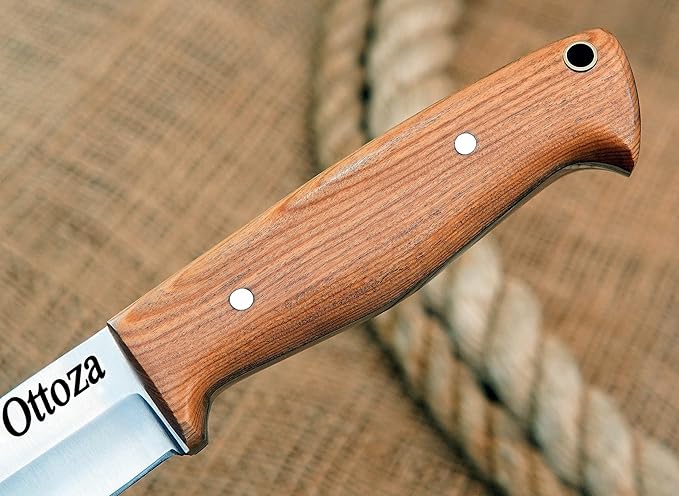 Ottoza Full Tang Bushcraft Knife with 1095 Carbon Steel Fixed Blade - Survival and Outdoor Camping Knife - Black Cross Draw Sheath and Olive Wood Handle 396