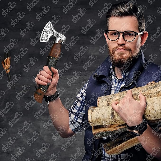 Russian Valknut Wood Viking Style Bearded Axe Tomahawk - Real Hatchet Best Gift for Anniversary Valentine's Day Birthday Premium Leather Sheath with Leather Wrap Handle Perfect Hand Grip