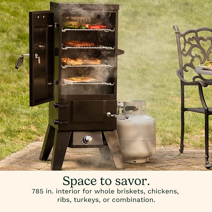 Cuisinart 36” Vertical Propane Smoker 4 Removable Racks Spacious BBQ Smoker with Wood and Water Trays 15000 BTU Heat for Smoked Meat Brisket Jerky Fish Perfect for Tailgates Backyard Camping