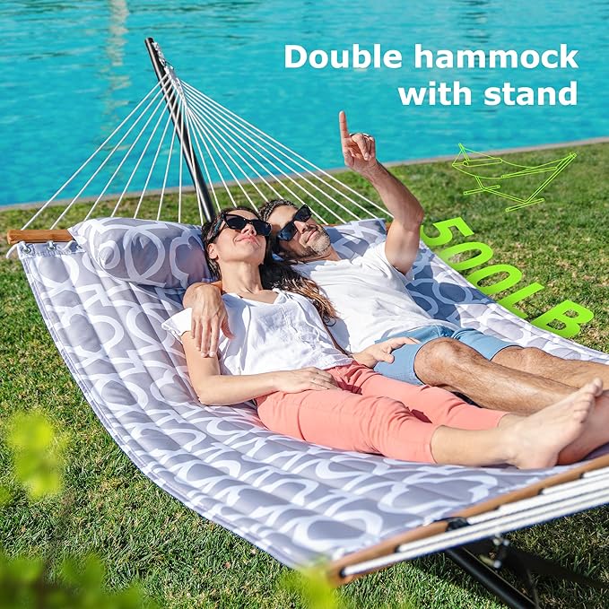 ANAGOO Double Hammock with Stand Heavy Duty Outdoor Hammock for Two 500 LBS Capacity Stable Steel Frame with Balance Strap Easy Tool-Free Assembly for Patio Garden Backyard &amp BeachWhite Gre
