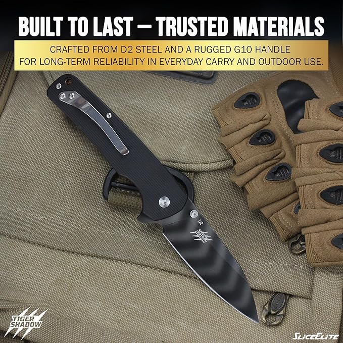 SliceElite Tiger Shadow Folding Knife D2 Steel 3.5 Inch Drop Point Blade Black G10 Handle Button Lock Striped Titanium Finish EDC Pocket Knife Outdoor Camping Survival Everyday Carry