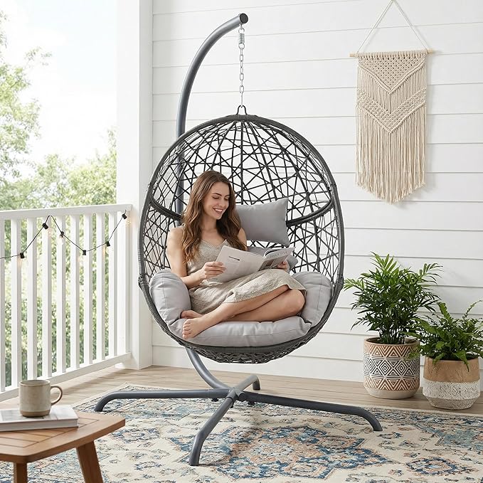 RADIATA Hanging Egg Chair with Stand Outdoor Egg Swing Chair with Cozy Cushion 350lbs Rattan Bird Nest Eggshell Basket Seat Patio Swinging Chair for Indoor Balcony Porch Grey