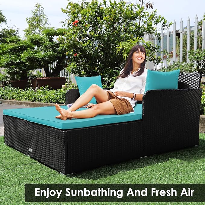 Tangkula Outdoor Rattan Daybed Sunbed Wicker Furniture w/Spacious Seat Upholstered Cushion &amp High-Resilience Sponge Wicker Patio Sofa Set w/Extra Pillows for Courtyard Poolside(Turquoise)