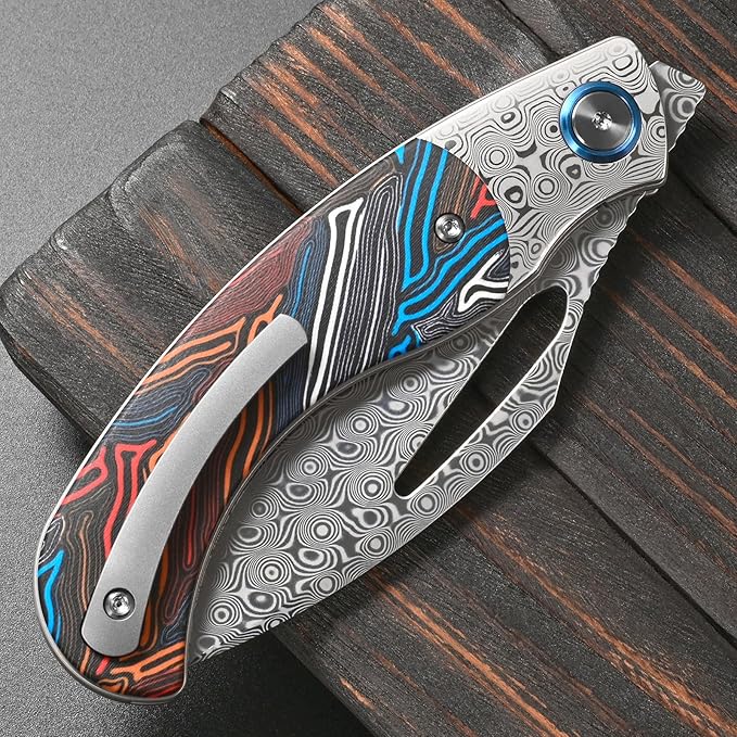 Sitivien ST270 Folding Knife Damascus Steel Blade Colorful G10 &amp Damascus Handle with Ball Bearing for Men Women Outdoor Camping Hiking Fishing(Wood)