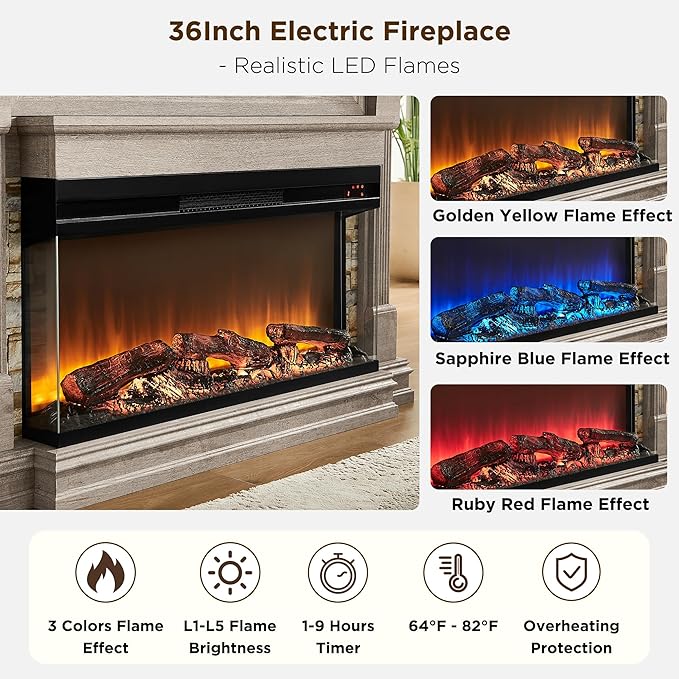 OKD 52 Inch Electric Fireplace with Mantel Fireplace TV Stand with 36 3-Sided Glass Electric Fireplace Heater for Living Room (Light Rustic Oak)