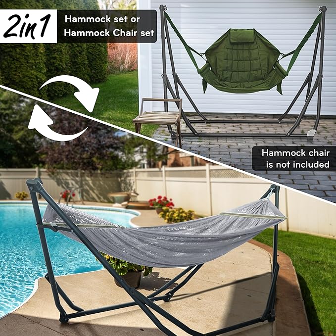 Tranquillo UniGen Hammock Hammock Stands Heavy Duty Indoor/Outdoor Hammock with Signature Steel Stand 600lbs Premium Foldable Durable 2-Layered Soft Polyester Grey