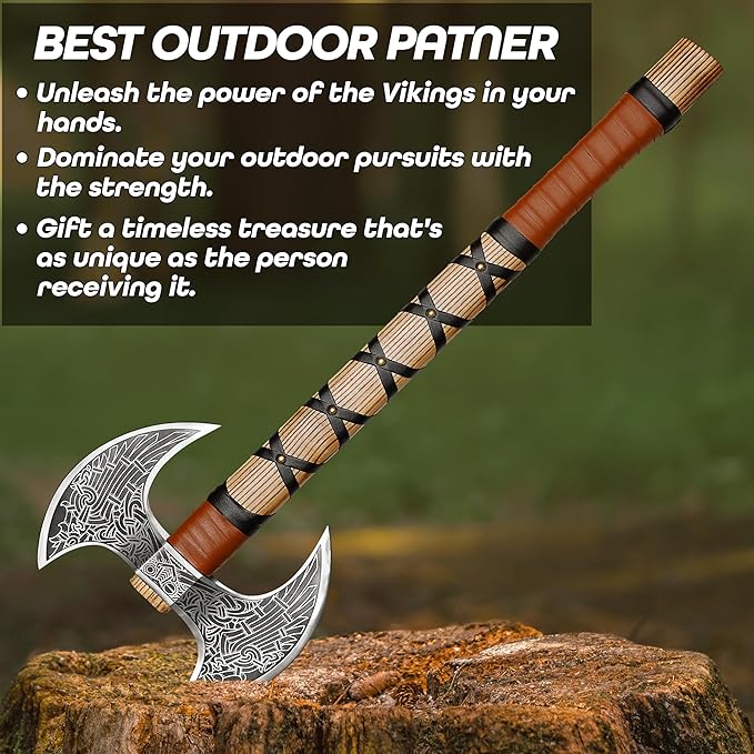 SHINY CRAFTS® Handcrafted Viking Axe – Engraved Nordic Blade with Wooden Handle Unique Gift for Men Collectors Cosplay and Medieval Decor (Brown-SCA-13)