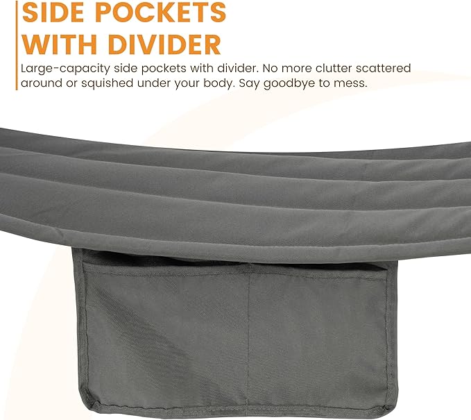 Lazy Daze Hammocks 2 Person Double Quilted Fabric Hammock with Spreader Bar Detachable Pillow Side Pocket Carabiners Chains Straps for Outdoor 450lbs Capacity Grey