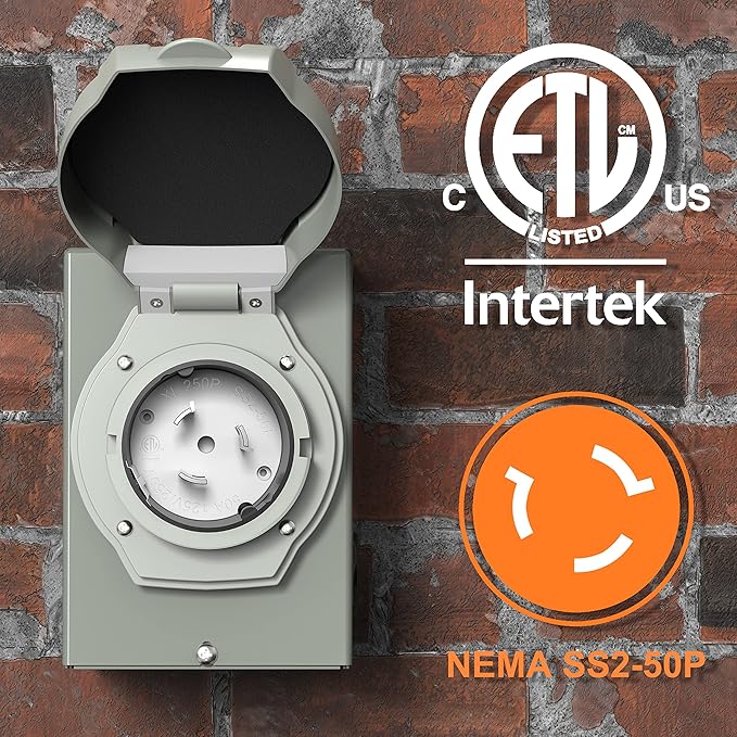 CircleCord 50 Amp Generator Inlet Box with Pre-Drilled 4 Big Wiring Holes NEMA SS2-50P Power Inlet Box 125/250 Volt 12500 Watts with LED Power Indicator for Ourdoor Use ETL Listed