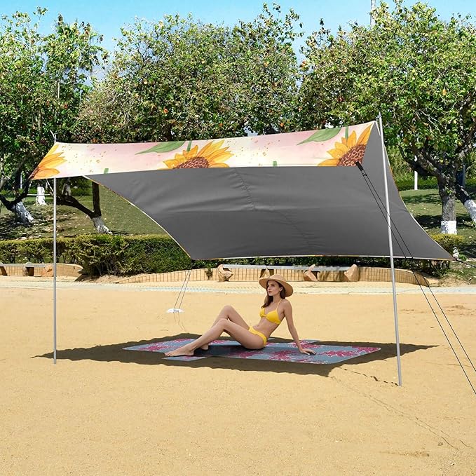 Sunflowers Beach Canopy Sun Shelter with Sandbags &amp Sand Shovel &amp Windproof Ropes - Portable 110x126 Beach Shade Beach Tent for Camping Picnics