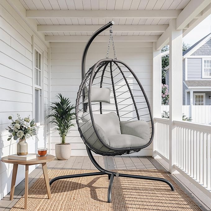 ALAULM Foldable Egg Chair with Stand 485LBS Capacity Wicker Rattan Hammock Swing Chair for Outdoor &amp Indoor Hanging Chair with Strong Frame &amp UV Resistant Cushion for Balcony Bedroom Cream