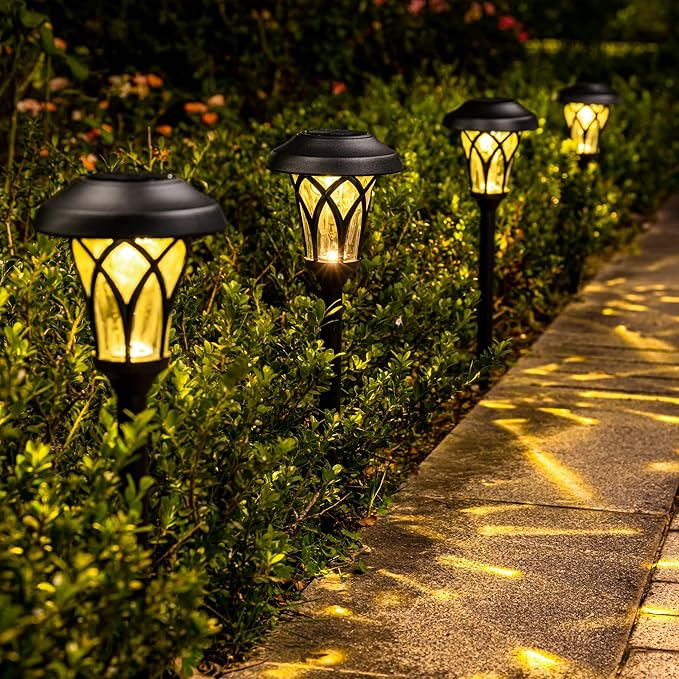 GIGALUMI 6 Pack Solar Pathway Lights Outdoor Metal Glass &amp ABS Solar Landscape Lights Waterproof IP65 Warm White Solar Powered Garden Lights for Yard Patio Walkway Driveway (Black)