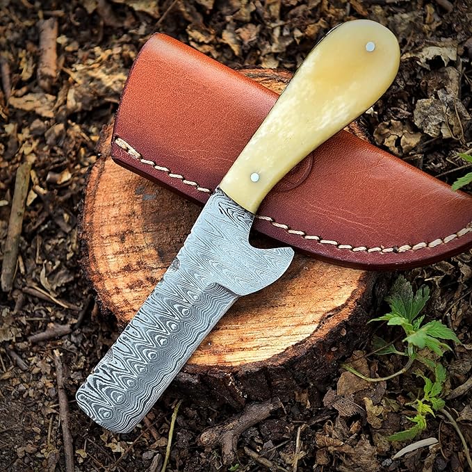 Damascus Steel Knife with Bone Handle Custom Handcrafted Hunting and Survival Knife Full Tang Blade with Leather Sheath - Outdoor Camping EDC and Bushcraft Tool