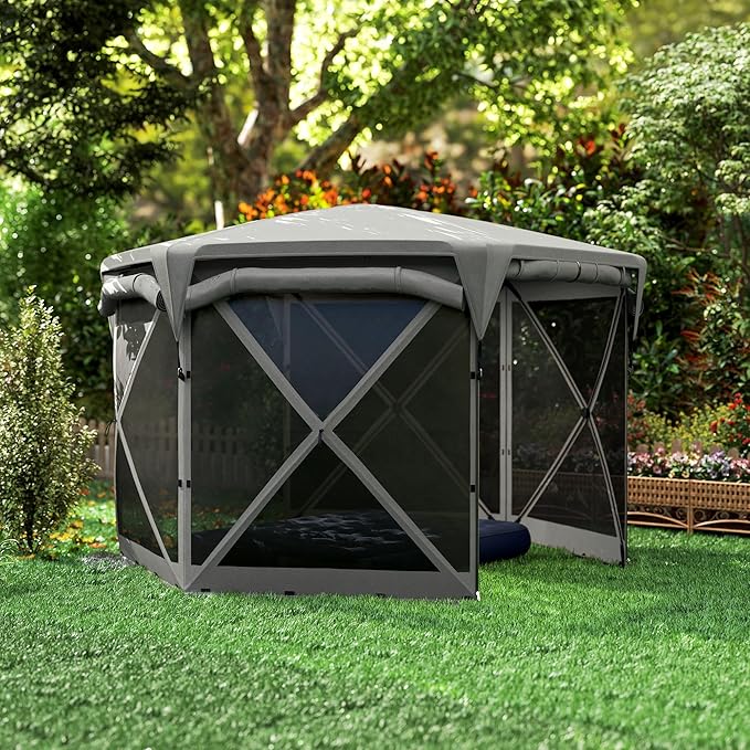11x11ft Quality Construction Pop-Up Gazebo Screen Tent with Removable Roof Cover and Retractable Wind Panels in Dark Gray