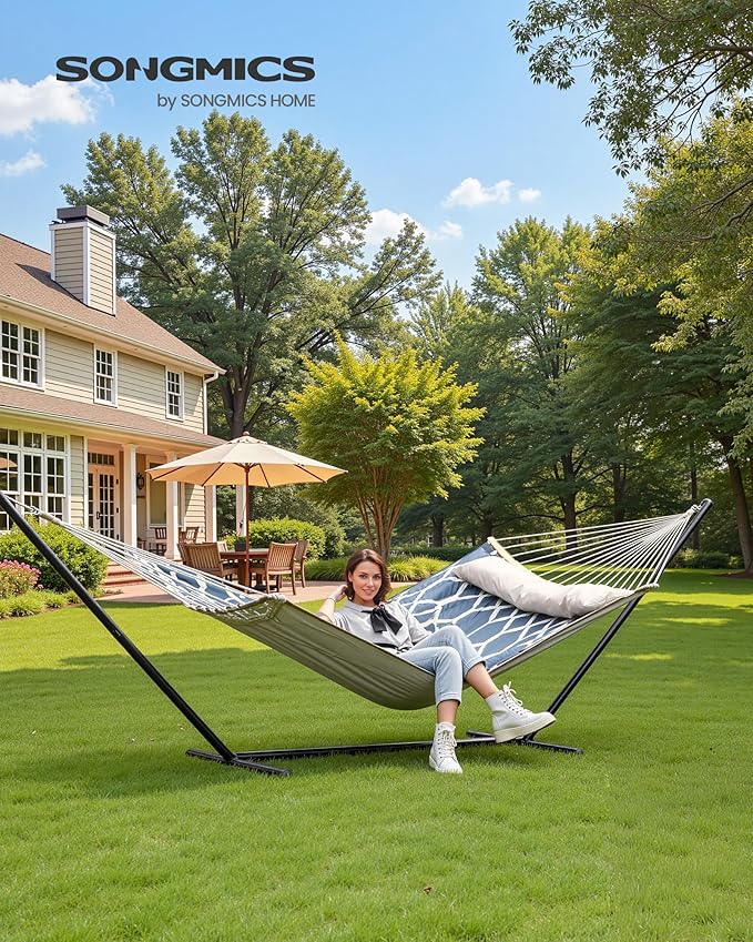 SONGMICS Hammock Quilted Double Hammock with Padded Pillow 78.7 x 55.1 Inches 495 lb Weight Capacity Portable for Outdoor Relaxation Garden Patio and Camping Blue UGDC034I02V1