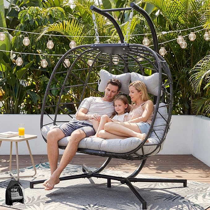 NICESOUL Oversized Patio Egg Chair for 2 Large &amp Wide Hanging Egg Chair with Stand Cozy Comfy Double Swing Hammock with Cushions Sturdy Porch Swings for Indoor Outdoor Light Gray with Cover