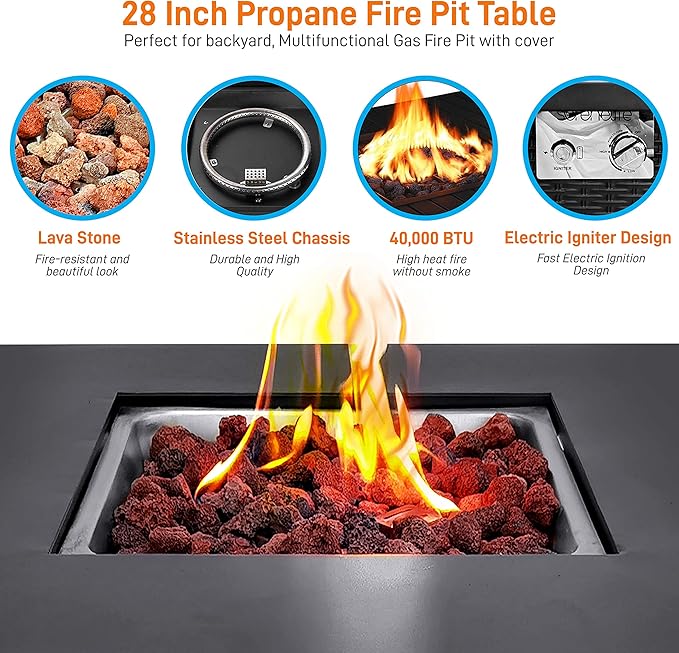 SereneLife Outdoor Propane Fire Pit Table - 40000 BTU Square Gas Fire Table with Steel Top Rattan-Style Panels 6.6 lbs Lava Rock Set Pulse Ignition for Patio &amp Backyard Heating 28 x 28 x 24 i