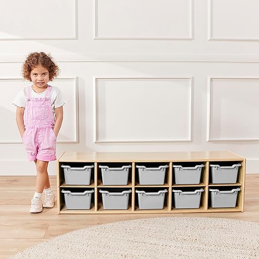 ECR4Kids Scoop Front Storage Bins Multipurpose Organization Light Grey 10-Piece