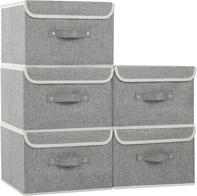 Fabric Storage Bins Cube Organizers with Flip-Top Lid and HandlesStorage Boxes for Organizing HomeOfficeand ClosetGrey5 Pack 13 X 9.1 X 7.9 in