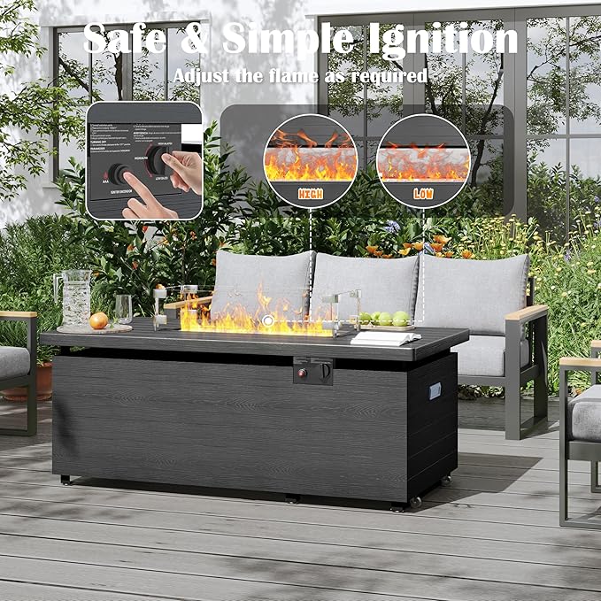 Sundale Outdoor 51 Inch Outdoor Fire Pit Table 50000BTU Rectangle Propane Fire Pit with Sliding Tank Holder Glass Wind Guard Removable Lid CSA Certified Gray