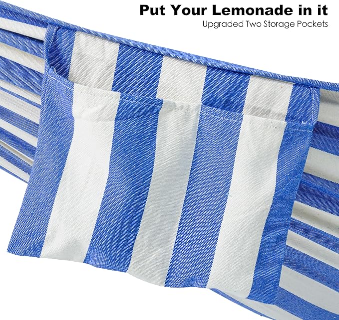 GAFETE Double Hammock with Stand for Outside Upgraded Spreader Bar Heavy Duty Space Saving Steel Stand 2 Person Convenient Pockets 600lbs Weight Capacity Indoor &amp Outdoor (Blue &amp White)
