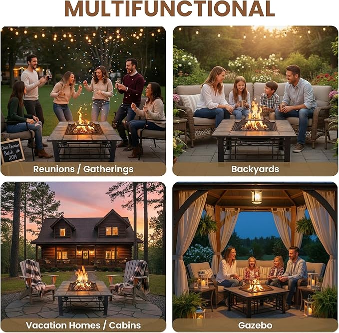 Fire Pit Set Wood Burning Pit - Includes Spark Screen and Log Poker - Great for Outdoor and Patio 32” Square Tile Firepit by Pure Garden