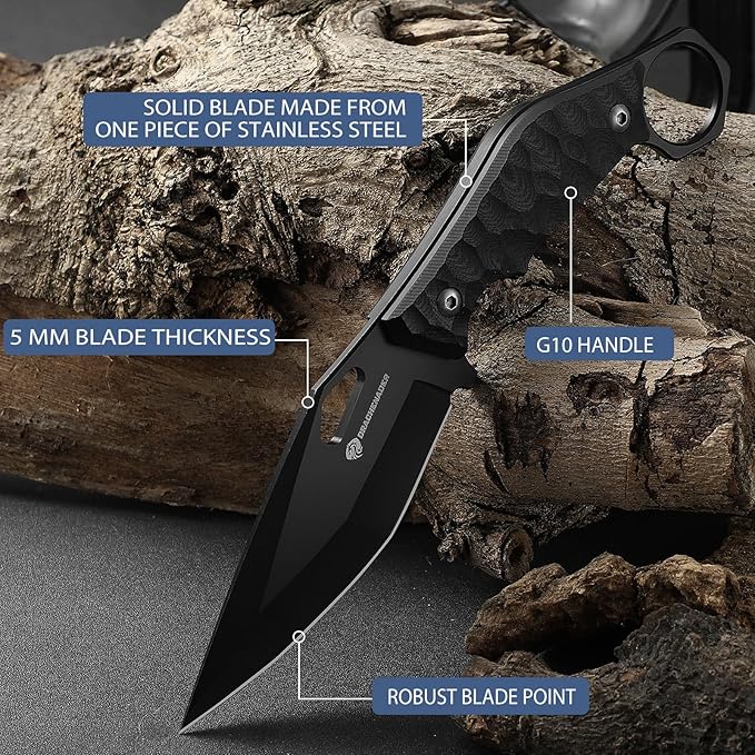 DRACHENADER Survival Knife SEAL-FULL BLACK 9 EDC Fixed Blade Tactical Horizontal Carry Knife for Men with Kydex Sheath 5mm Thick Stainless Steel G10 Anti-Slip Handle Ideal for Gifting Full Black