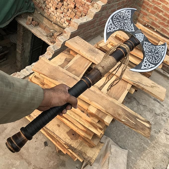 viking tools AxesFunctional Axe Bushcraft Axe Hatchet for Hunting Bearded Axe Double Head Axe Tool with Free Leather Sheath dd007 Black/Sliver (Viking Double Bit Axe)