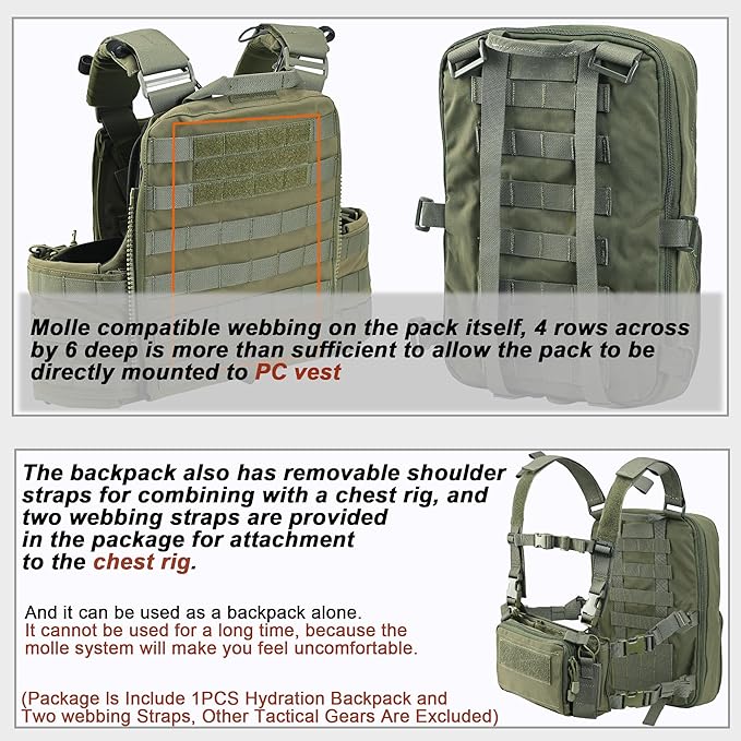Tactical Expandable Flatpack Chest Rig Backpack MOLLE Assault Pack Hydration Pack for PC Vest (Ranger Green)