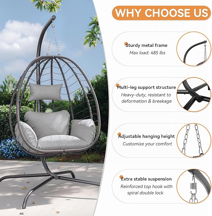 ALAULM Foldable Egg Chair with Stand 485LBS Capacity Wicker Rattan Hammock Swing Chair for Outdoor &amp Indoor Hanging Chair with Strong Frame &amp UV Resistant Cushion for Balcony Bedroom Cream
