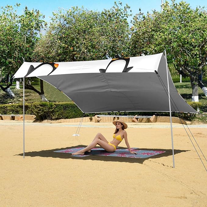 Penguins Beach Canopy Sun Shelter with Sandbags &amp Sand Shovel &amp Windproof Ropes - Portable 110x126 Beach Shade Beach Tent for Camping Picnics
