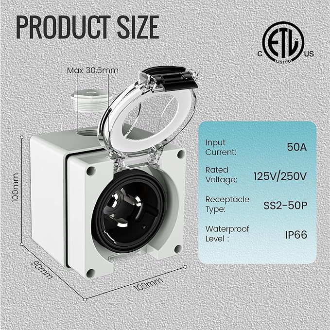 50 Amp Generator Power Inlet Box NEMA SS2-50P Male for 3 Prong Generator Cord 125/250 Volt 12500 Watts IP66 Outdoor Dustproof and Weatherproof ETL Listed
